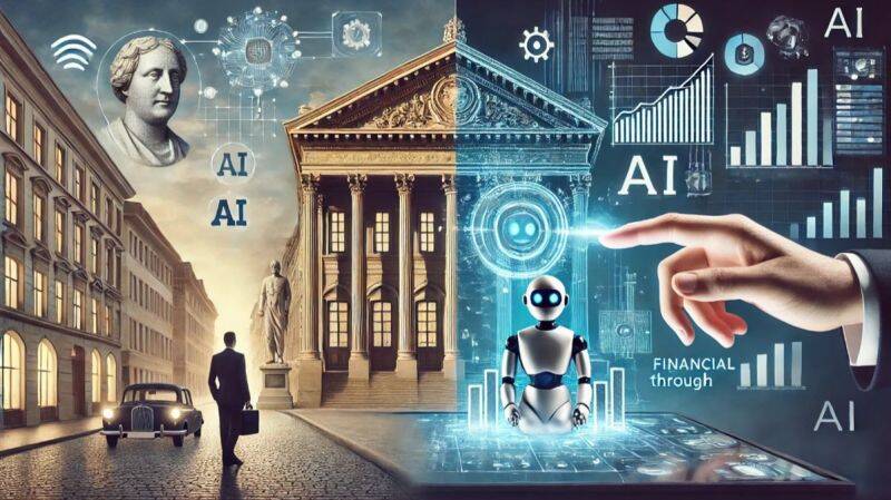Geteiltes Bild, das die traditionelle Finanzwelt auf der einen Seite und die KI-gesteuerte digitale Finanzwelt auf der anderen Seite zeigt und die Entwicklung der Vermögensverwaltung verdeutlicht.