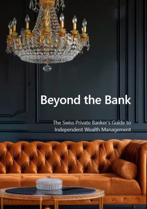 Titelbild des Swiss Private Banker's Guide to Independent Wealth Management 2025 mit dem Titel "Beyond the Bank", das ein luxuriöses Schweizer Interieur mit Kronleuchter und orangefarbenem Sofa zeigt.