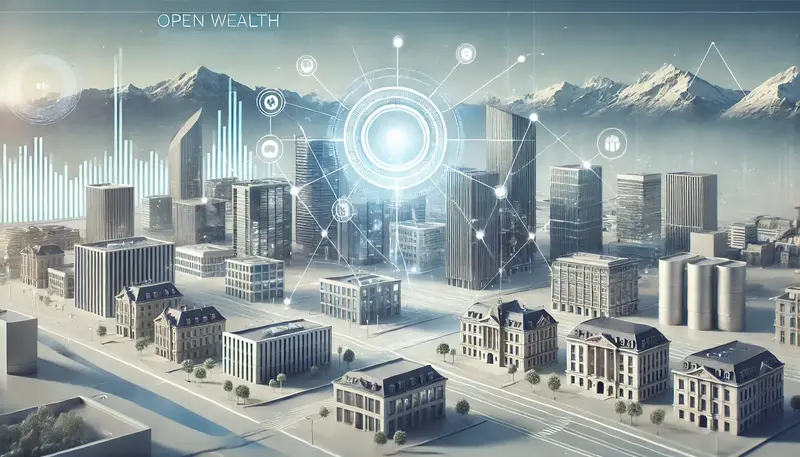 Illustration moderner Finanzinstitute, die durch leuchtende Datenleitungen verbunden sind, mit den Schweizer Alpen im Hintergrund, als Symbol für die Open Wealth Initiative.