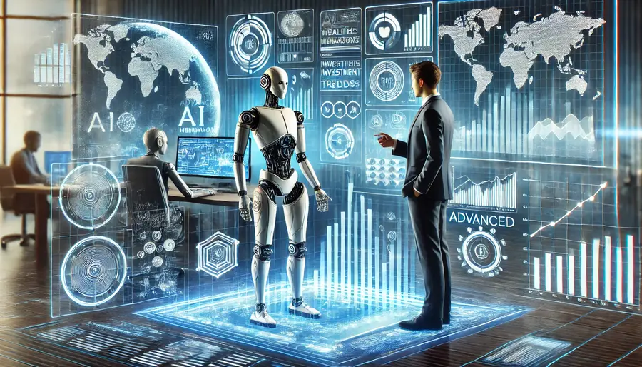 A futuristic AI-powered financial advisor interacting with an investor, surrounded by holographic market data and wealth management analytics.