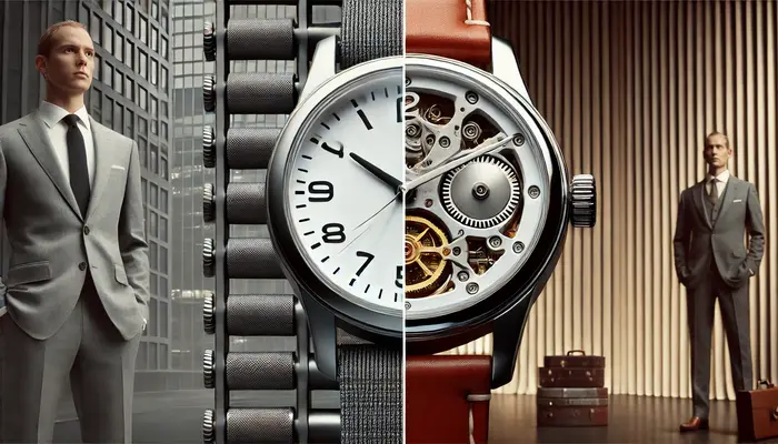 Symbolic comparison of private banking vs. independent wealth management using two watches. One side shows a simple quartz watch with a metal strap, representing a standardized approach, while the other side features a luxury mechanical watch with a leather strap, symbolizing a personalized financial strategy.