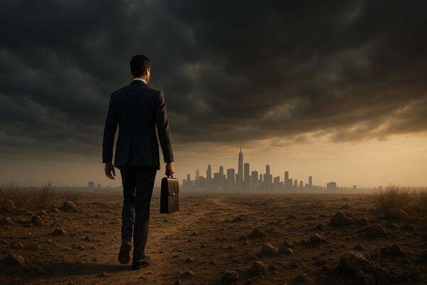 A businessman walking towards a futuristic city skyline symbolizing the shift in wealth management due to AI.