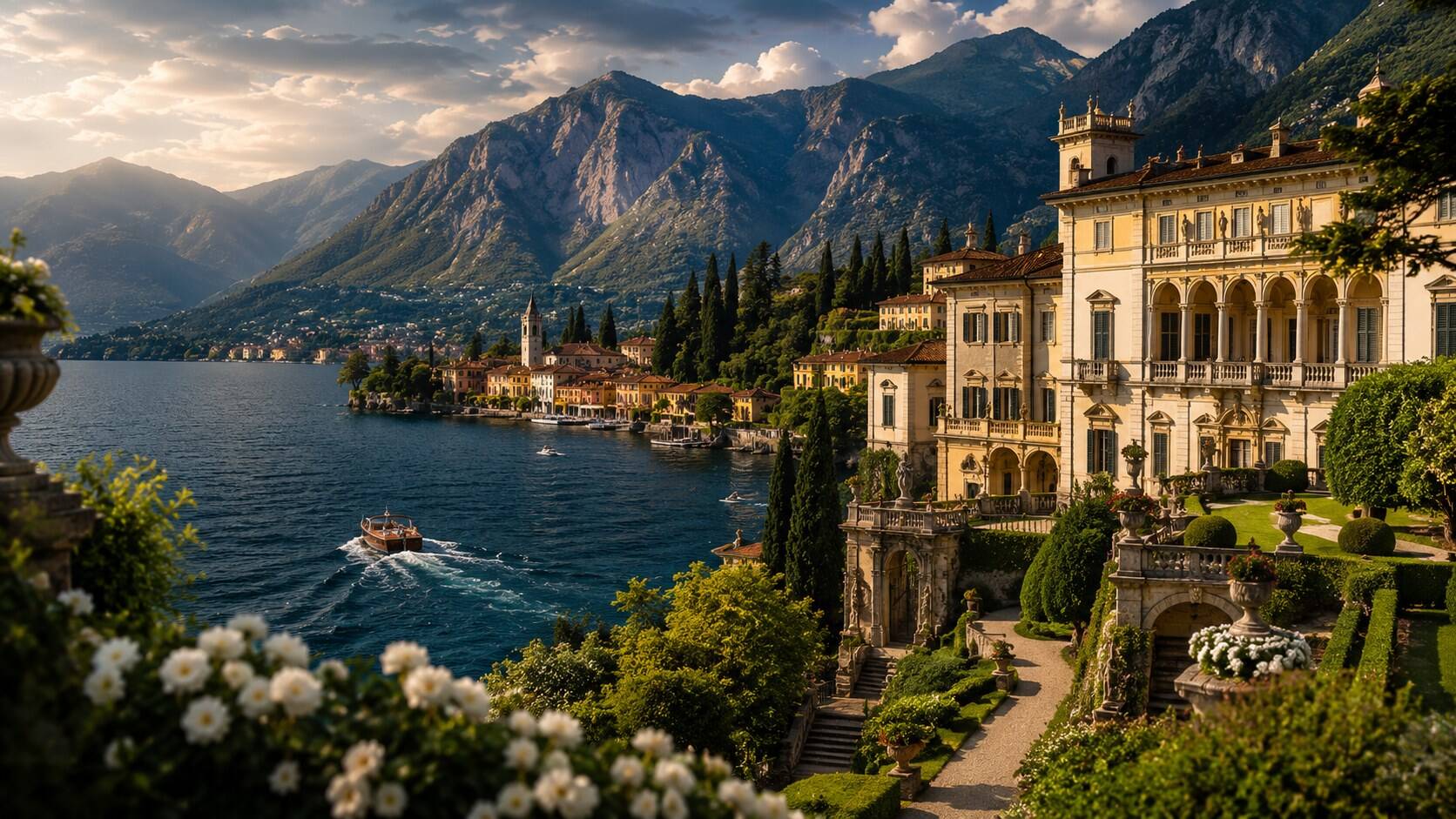 Grosse klassische Seelenvilla mit Terrassengärten mit Blick auf einen italienischen See und Berge, die alt-europäischen Reichtum hervorruft