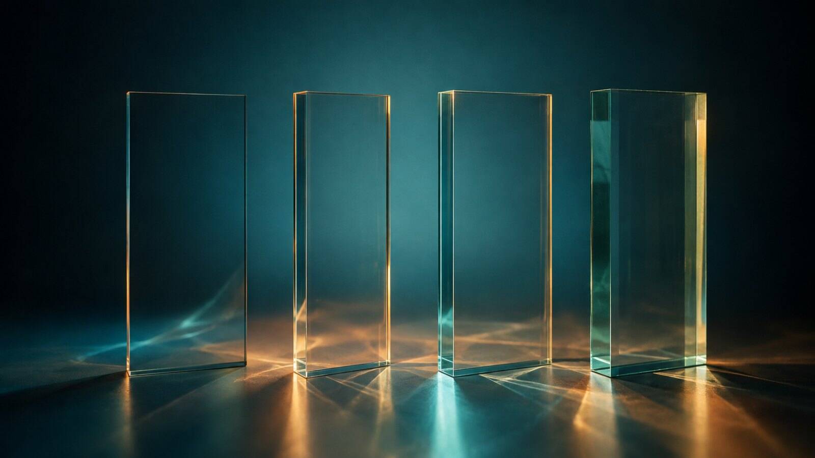 Four translucent glass panes bending light differently — a metaphor for four approaches to AI regulation in wealth management