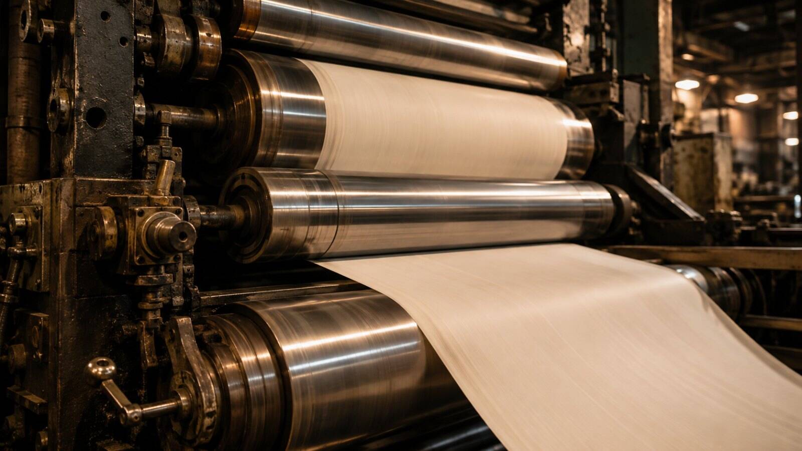 Steel rollers of a newspaper printing press in motion
