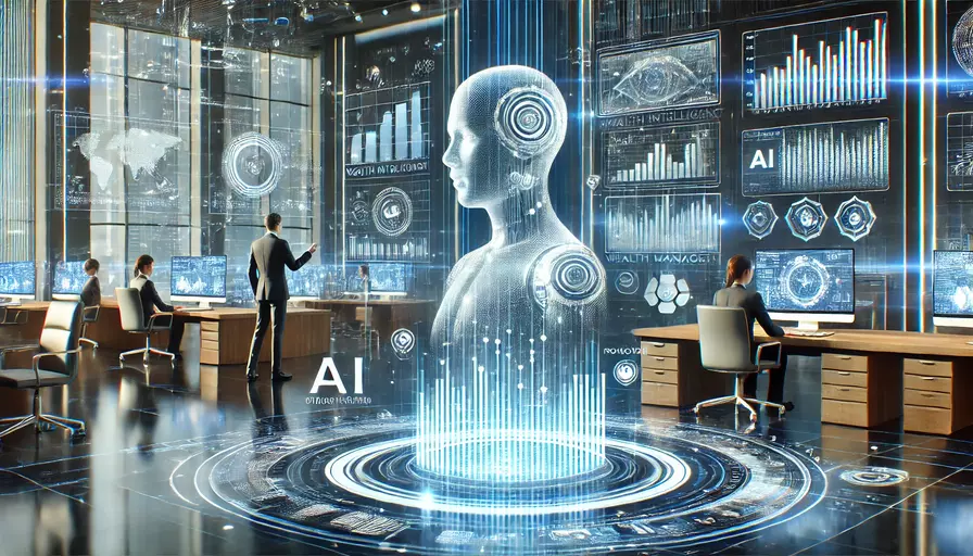 Ein modernes Finanzbüro, das zeigt, wie KI die Vermögensverwaltung mit holografischen Datendiagrammen, KI-Dashboards und einem professionellen Berater, der Portfolios analysiert, verändert.