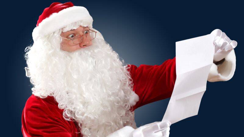 Samichlaus dressed in red holding a long list, symbolizing the importance of diligence in wealth management.