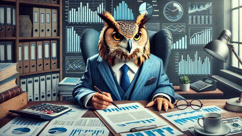An owl in a business suit analyzing financial graphs and charts in an office, representing open platform risk analysis.