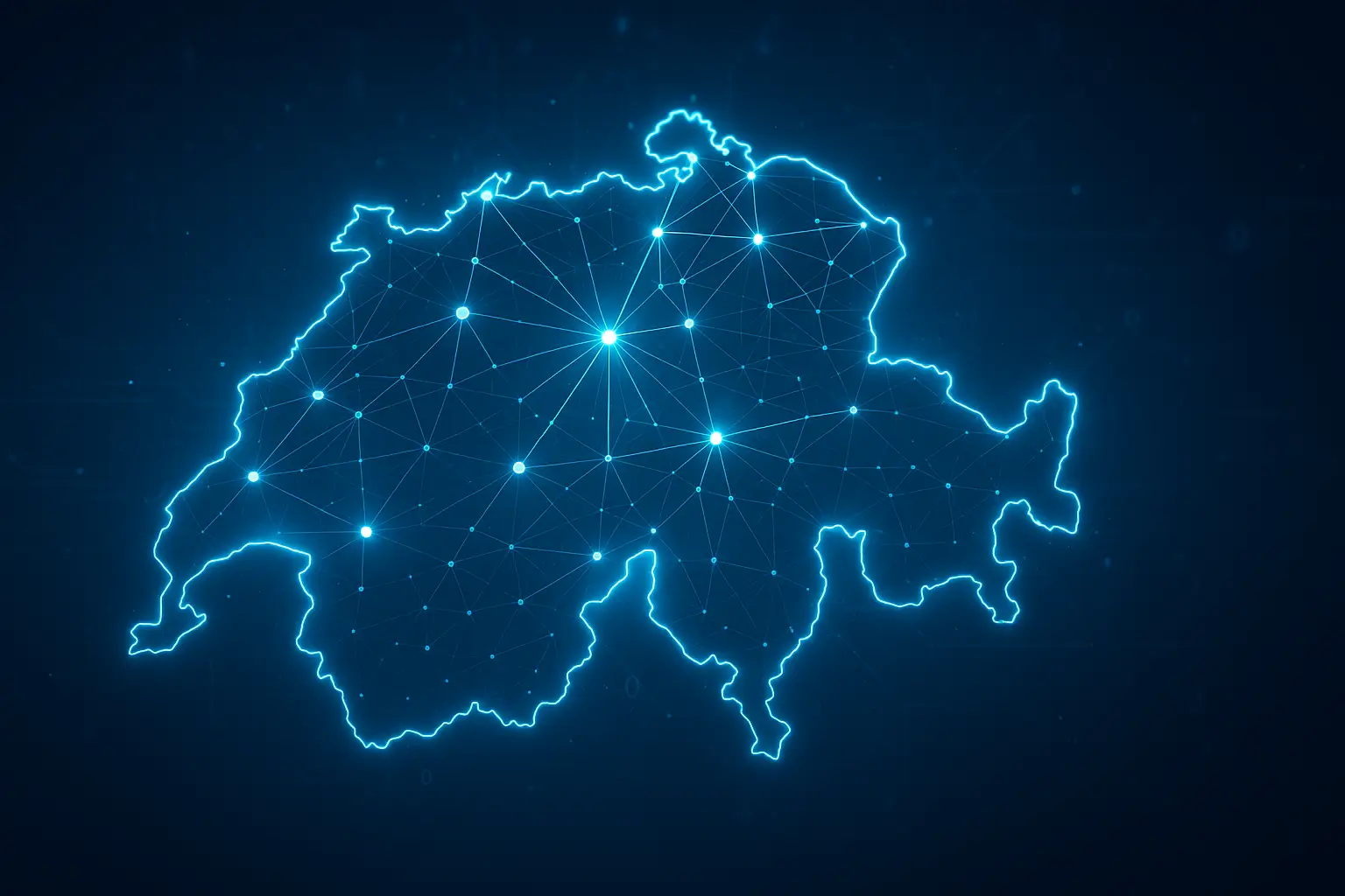 Digitally connected map of Switzerland with glowing nodes, representing nationwide payment infrastructure.