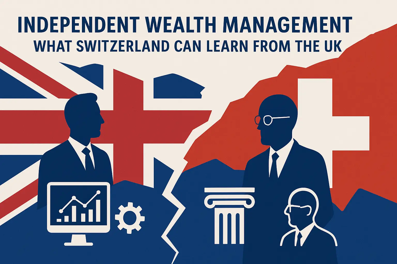 Flat digital illustration showing a split view of UK and Swiss independent wealth management practices, regulation, and technology.