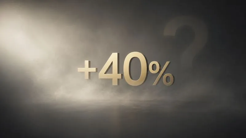 A golden +40% figure rising out of smoke beside a large faint question mark on a dark background