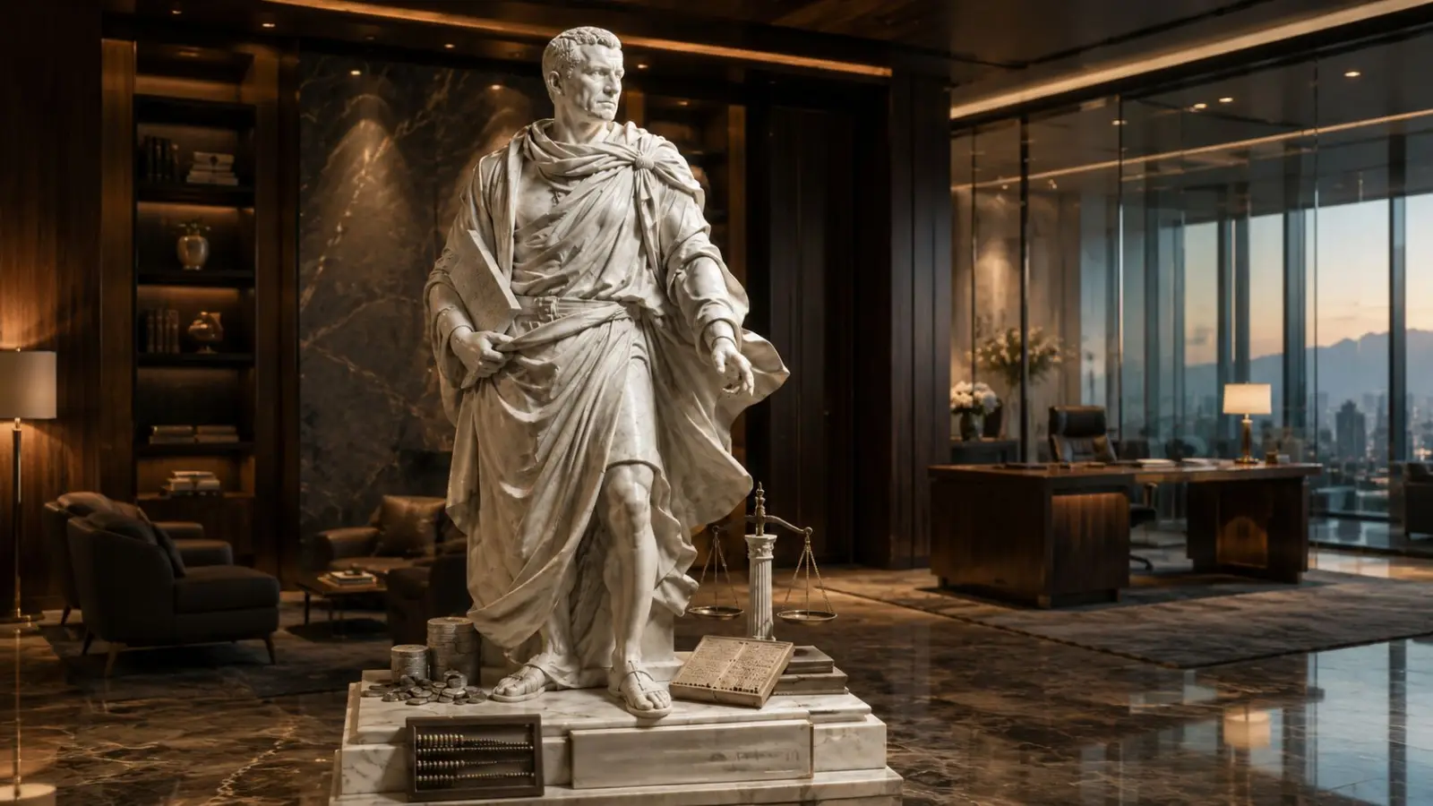 Classical marble statue in a modern office above the city, symbolising wealth moving from growth to duration