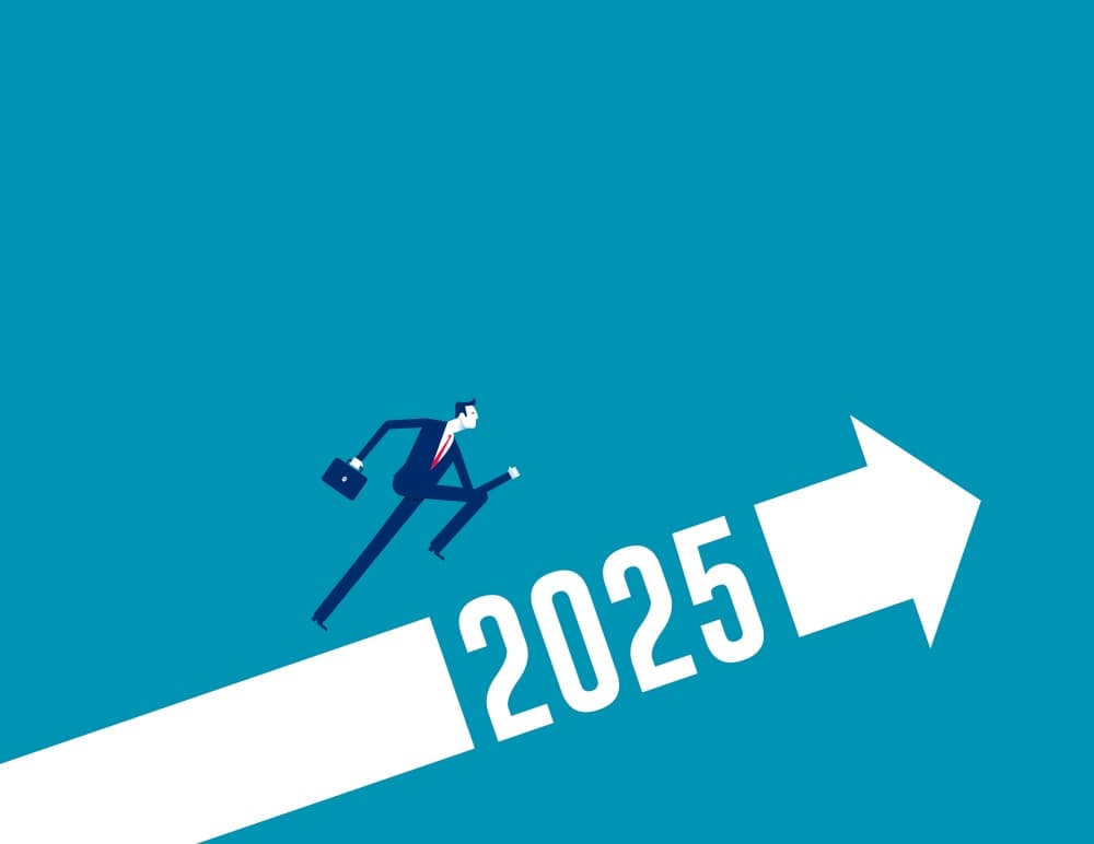 Illustration eines Geschäftsmannes, der auf einem Pfeil mit der Aufschrift 2025 nach oben läuft, als Symbol für Wachstum und zukünftige Trends.