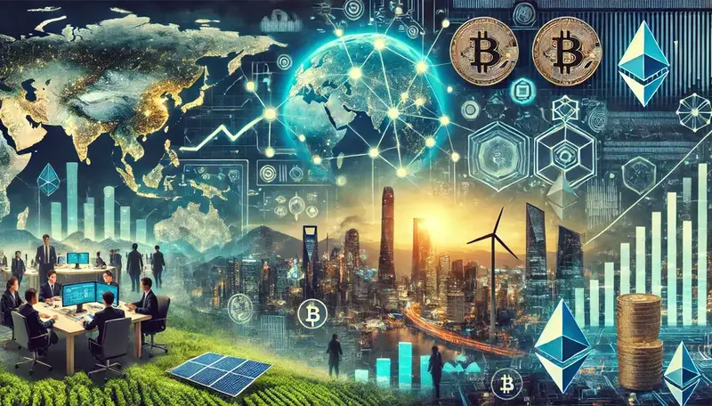 Futuristische Darstellung der Vermögensverwaltung im Jahr 2024, mit KI-gesteuerten Finanztools, Blockchain-Netzwerken und verschiedenen Fachleuten, die gemeinsam an Anlagestrategien arbeiten.