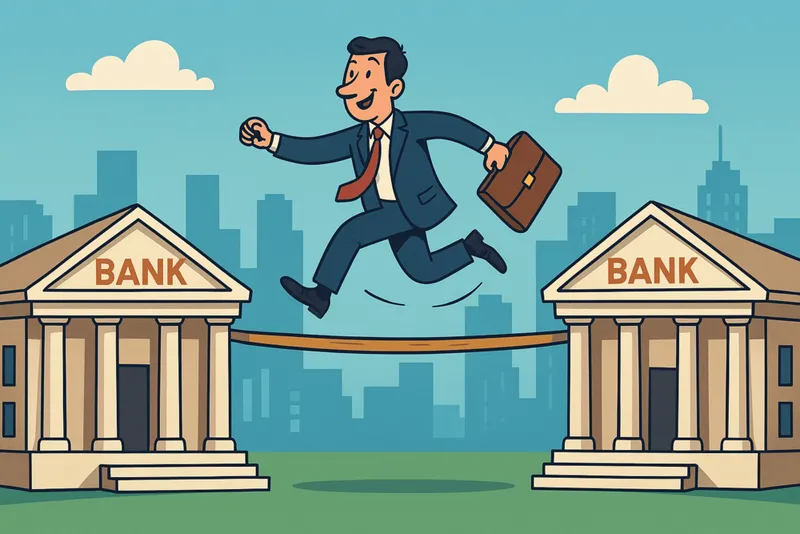 Businessman in a suit stepping cautiously across stones labeled with bank names like UBS and Julius Bär, over blue water.