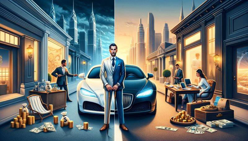Wealth Management: Matching Your Client's Lifestyle or Staying Humble? The contrast between luxury and modesty in wealth management, symbolized by a luxury car and a simple wristwatch, highlights the debate on aligning with client lifestyles versus prioritizing authenticity. Matching the lifestyle?