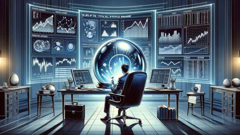 Eine Illustration, die den Mythos der Kristallkugelprognose im Portfoliomanagement mit dem tatsächlichen Fachwissen der Portfoliomanager kontrastiert.