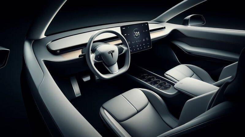 Interior view of a Tesla electric vehicle showcasing a minimalist dashboard with a large touchscreen, representing simplicity and technological integration.