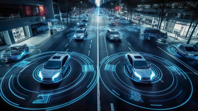 Autonome Elektroautos fahren auf einer intelligenten Stadtstrasse, umgeben von digitalen blauen Datenrastern, die futuristische Mobilitätstechnologie darstellen. Tesla an vorderster Front.