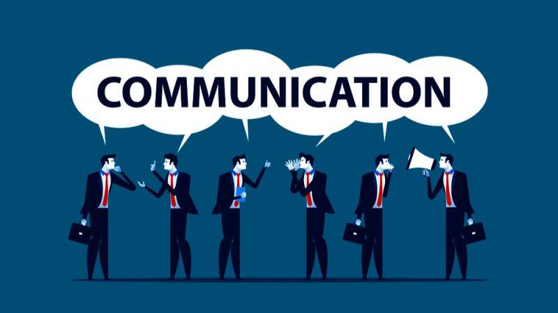 An illustration of businesspeople in suits using various communication methods, with a large speech bubble containing the word "COMMUNICATION."
