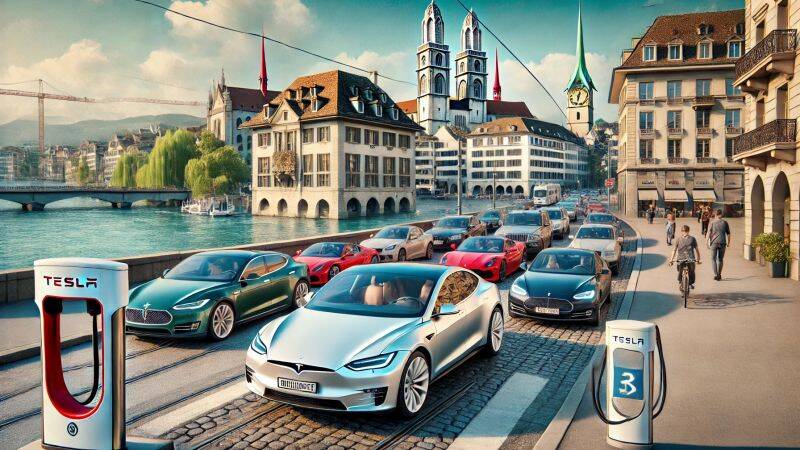 A bustling Zurich riverside scene featuring multiple luxury cars—including Teslas, Ferraris, and German sedans—amid historic Swiss architecture.