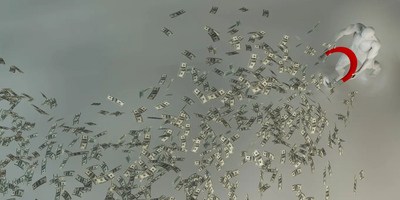 Ein surreales Bild einer weissen, muskulösen, statuenähnlichen Figur, die einen roten Magneten hält, der einen Wirbelsturm von schwebenden US-Dollar-Noten vor einem gedämpften grauen Hintergrund anzieht.