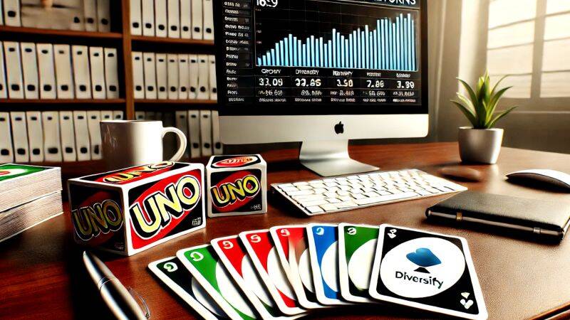 UNO cards on a desk in front of screens with investment charts