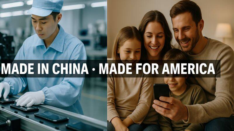 Split image: a Chinese factory worker assembling smartphones on the left, and a smiling American family using a phone on the right. Text overlay reads “MADE IN CHINA · MADE FOR AMERICA”.