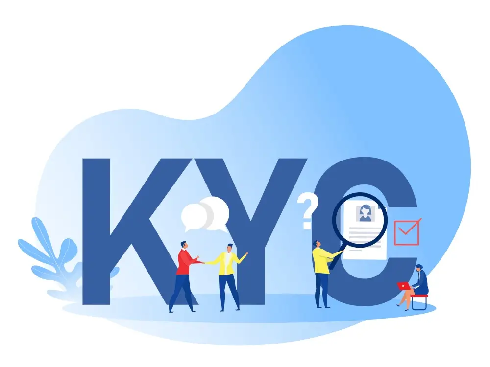 Illustration of KYC process with people analysing identity documents for compliance and client onboarding