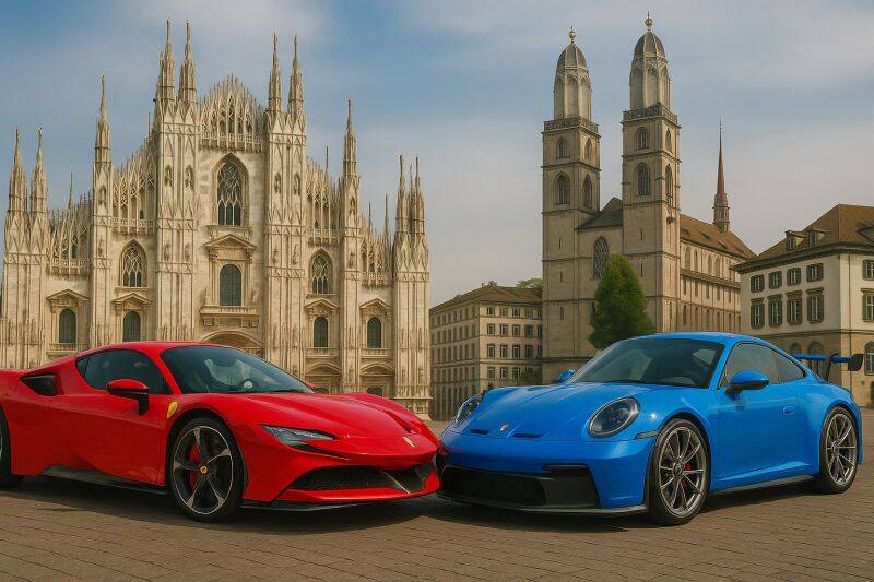 Red Ferrari in front of Milan Cathedral and blue Porsche in front of Zurich’s Grossmünster symbolising wealth and mindset
