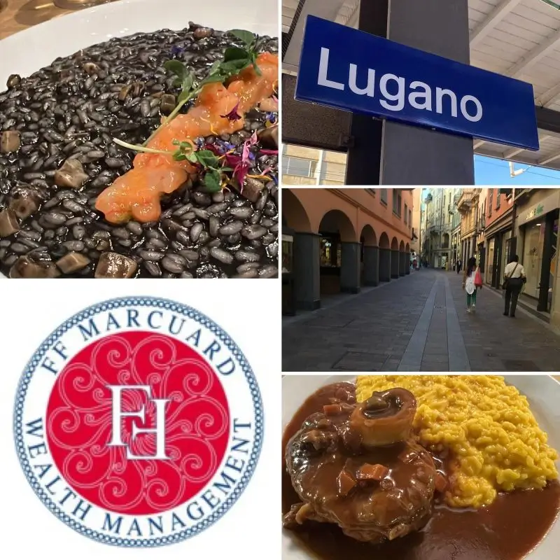 A visual collage showing Lugano’s old town, fine dining, FF Marcuard Wealth Management logo, and private banking culture.