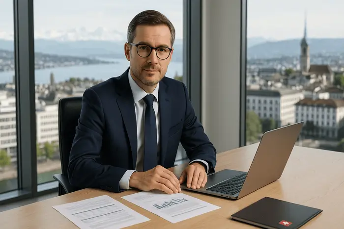Independent wealth manager in a modern Zurich office with a view of the Swiss Alps and Lake Zurich, reviewing financial documents with a laptop.