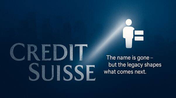 Dark blue image showing the faded Credit Suisse logo on the left and a glowing icon of a person on the right, with the text: “The name is gone – but the legacy shapes what comes next.”