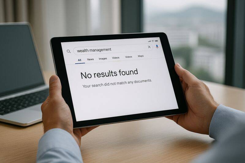 Tablet showing “No results found” for wealth management search — symbolising missing digital presence