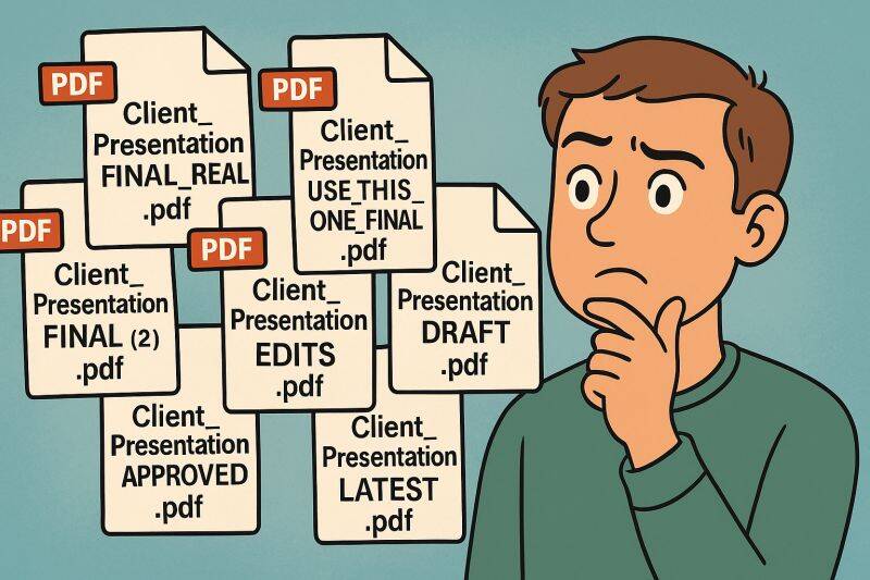 Confused man looking at multiple PDF files with inconsistent names like "FINAL_REAL", "DRAFT", and "USE_THIS_ONE"