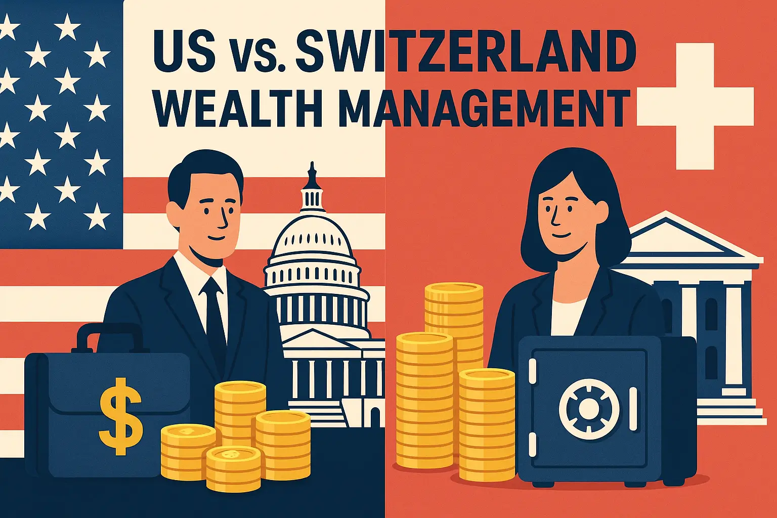 Illustration comparing US and Swiss approaches to independent wealth management, featuring national symbols, a businessman and businesswoman, gold coins, and financial buildings. US vs Switzerland