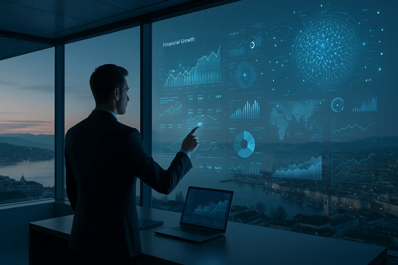 Modern Swiss office with holographic AI financial interface symbolising WealthTech 2026 in independent wealth management