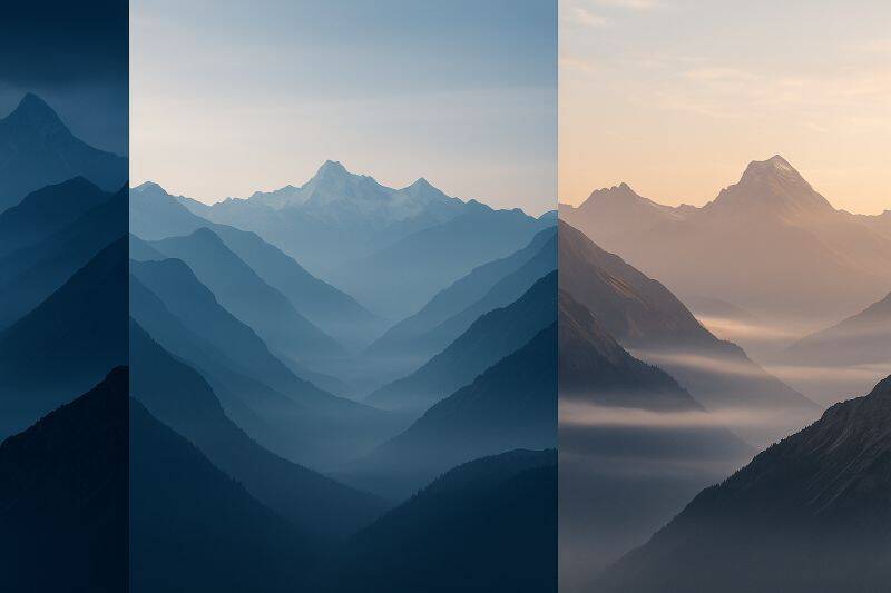 Layered mountain ranges fading into mist, symbolising depth, perspective, and multiple layers of reality.