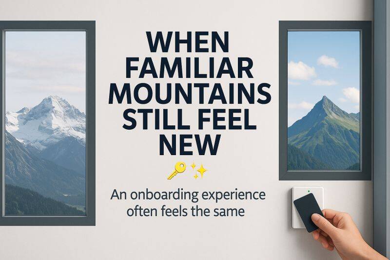 Onboarding-Erfahrung, die einen beruflichen Übergang zeigt, bei dem sich vertraute Umgebungen neu anfühlen, symbolisiert durch Schweizer Berglandschaften