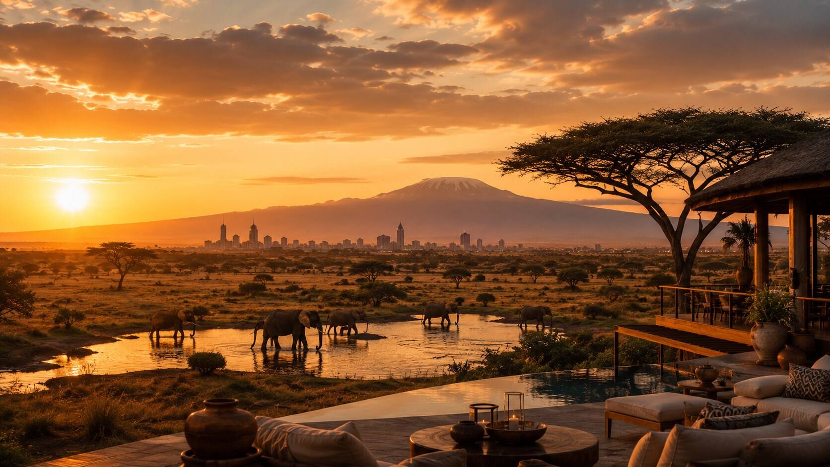 Luxury safari lodge terrace at sunset overlooking elephants at a waterhole, acacia trees and an African city skyline below Mount Kilimanjaro