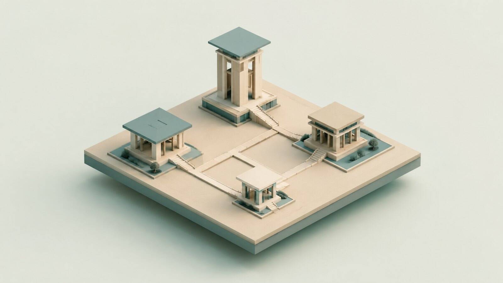 Isometric illustration of four pavilions of different sizes on a floating platform