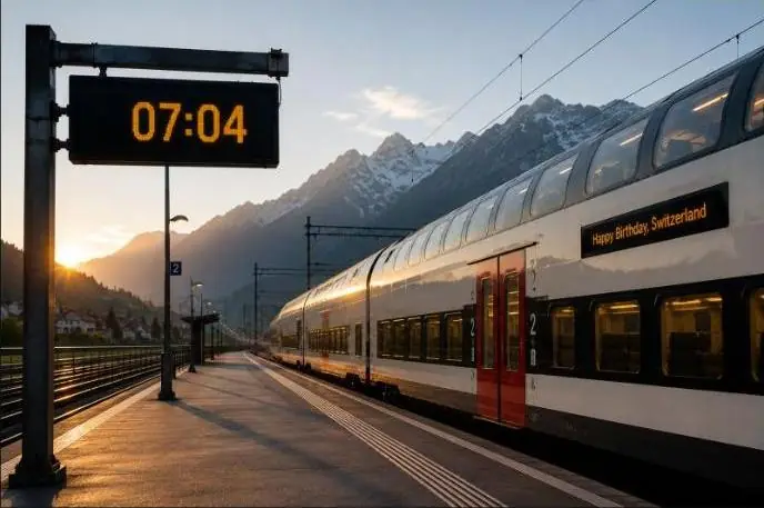 Swiss train station display showing 07:04 departure time at sunrise, with Alps in the background, marking Swiss National Day