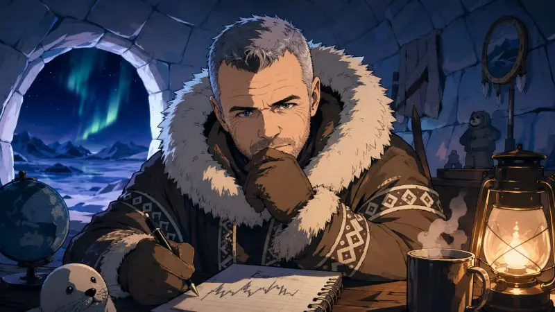 Illustration of a man in a fur-lined parka holding a lantern beneath the northern lights – the most innovative months in wealth management