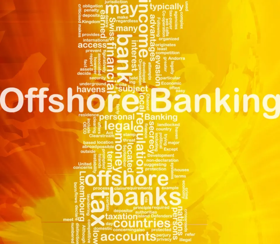 Word cloud visualising offshore banking and cross-border wealth management terms like tax, financial security, and regulations.