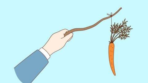 Illustration of a hand holding a carrot on a stick, symbolising RM motivation in private banking leadership